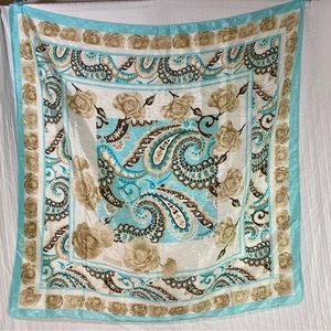 Square Scarf 34x34" aqua cream brown white floral and paisley design